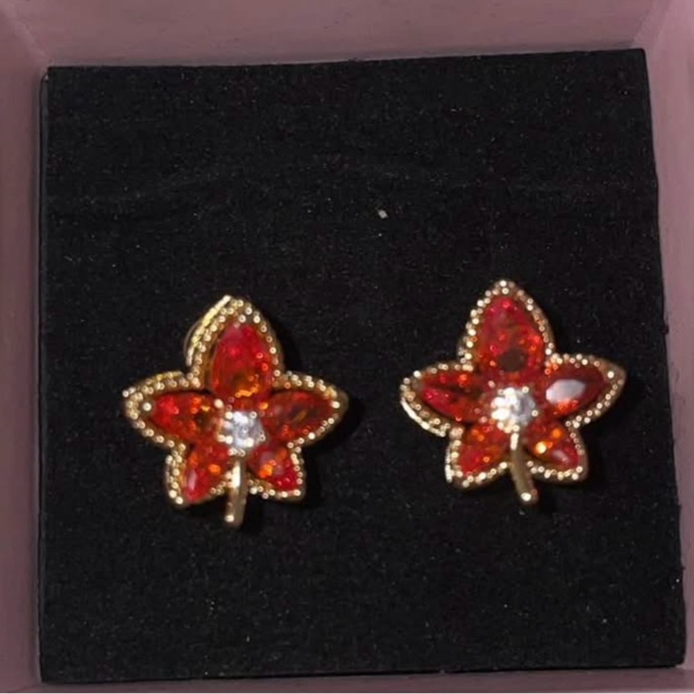 Gold S925 sterling silver zirconia diamond red Leaf Earrings